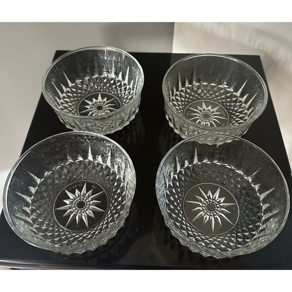ARCOROC FRANCE 5” Bowls Starburst Diamond Pattern Clear Glass Set of 4 Vtg. EUC